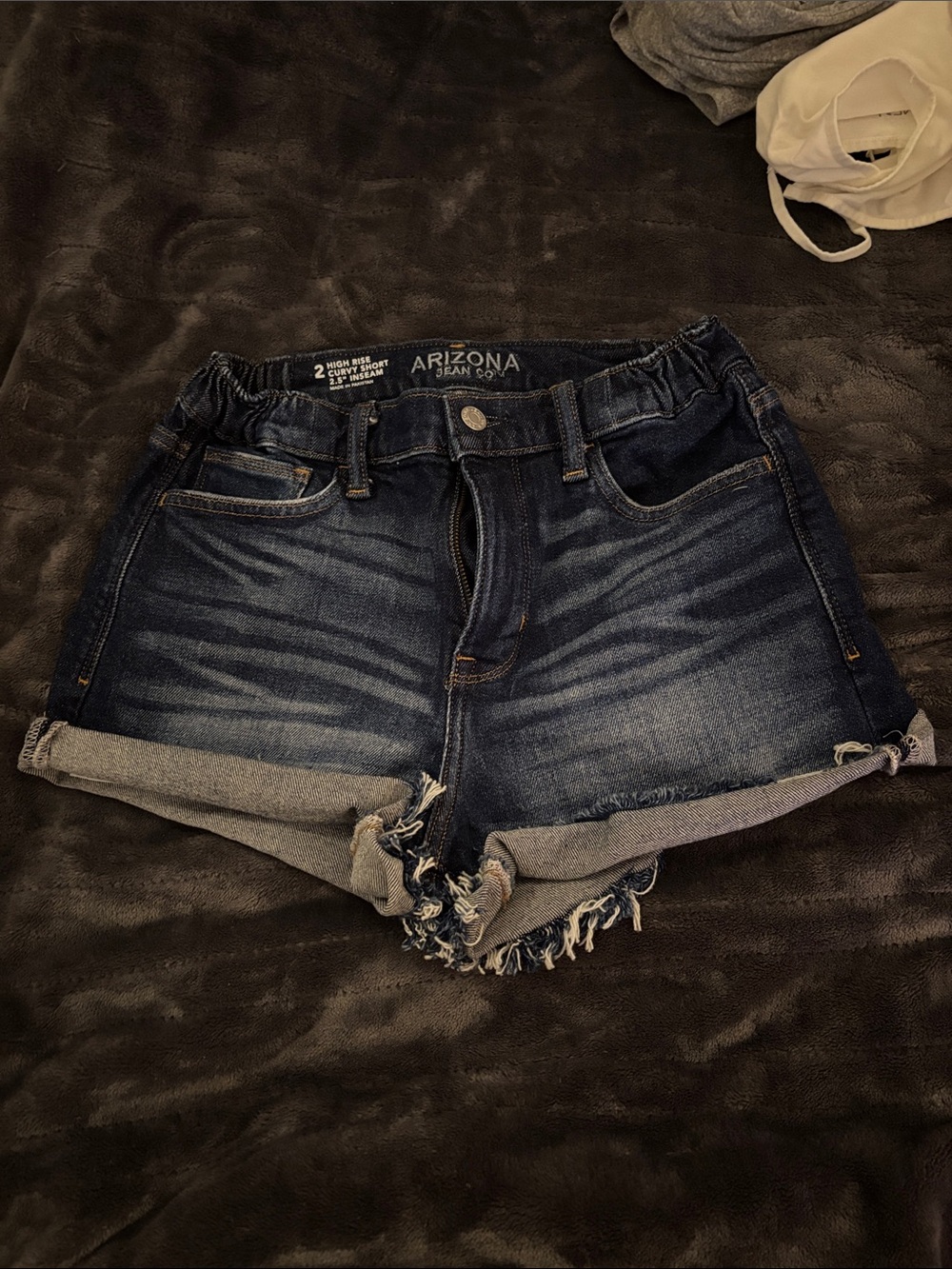 Arizona Jean Co Medium Blue Rolled Hem Distressed Denim Shorts also able to roll